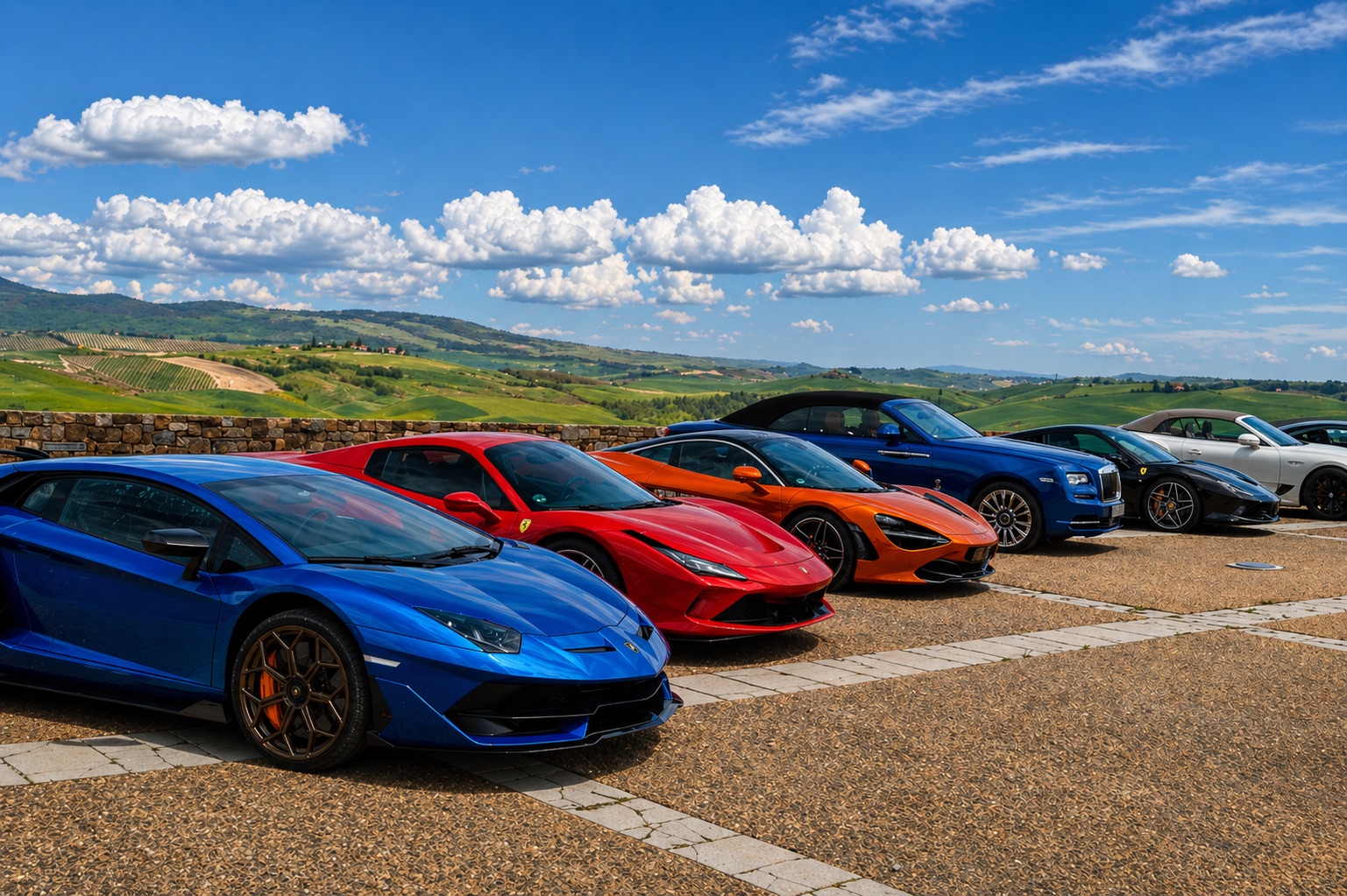 Supercars lined up in the hills